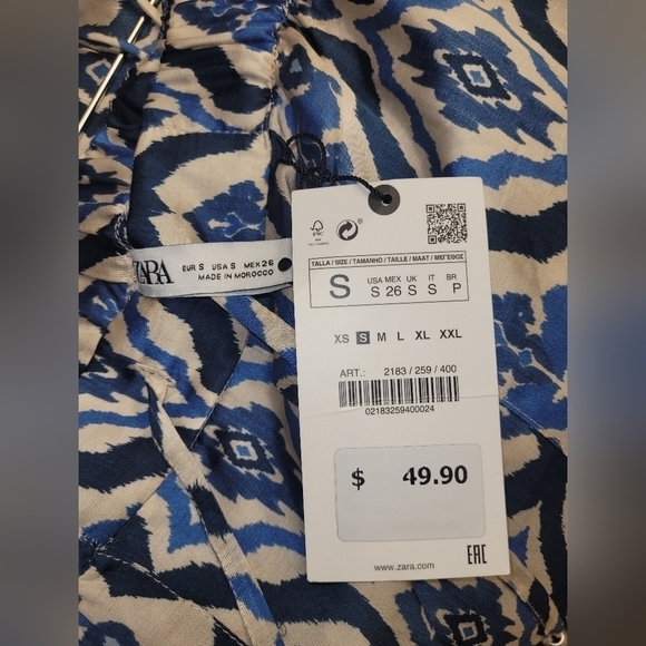 Zara Satin Silky Abstract Print Joggers And Tied Top Set In Cream & Blue Size S - Picture 13 of 16